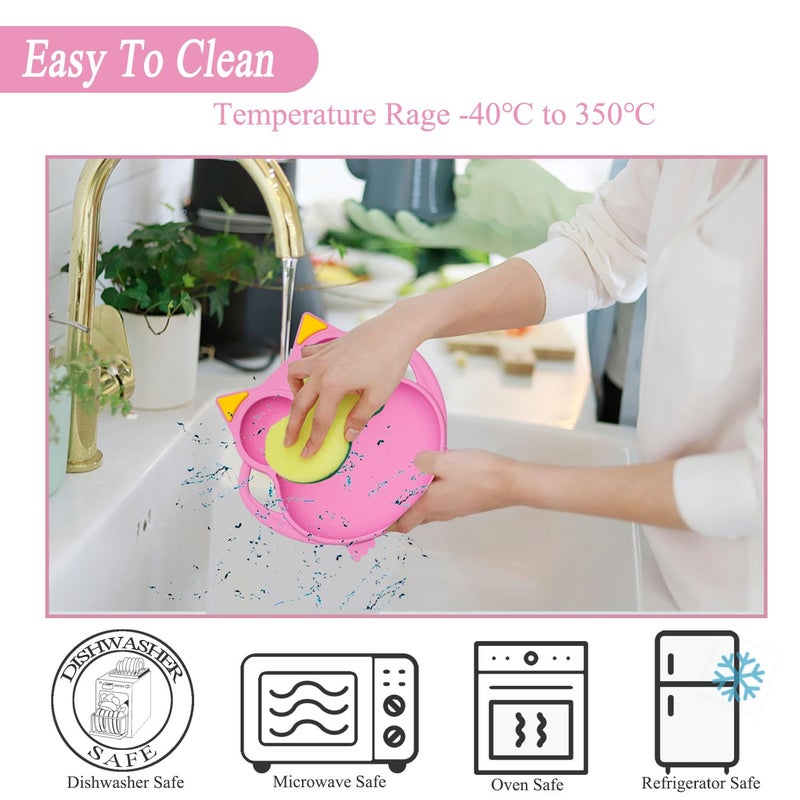 NICINGU Baby Toddler Silicone Suction Plate with Spoon&Fork And Adjustable Bib Set,Silicone Baby Feeding Utensils Set，Baby Toddler Led Weaning Supplies Set-Pink Owl Set - Image 5
